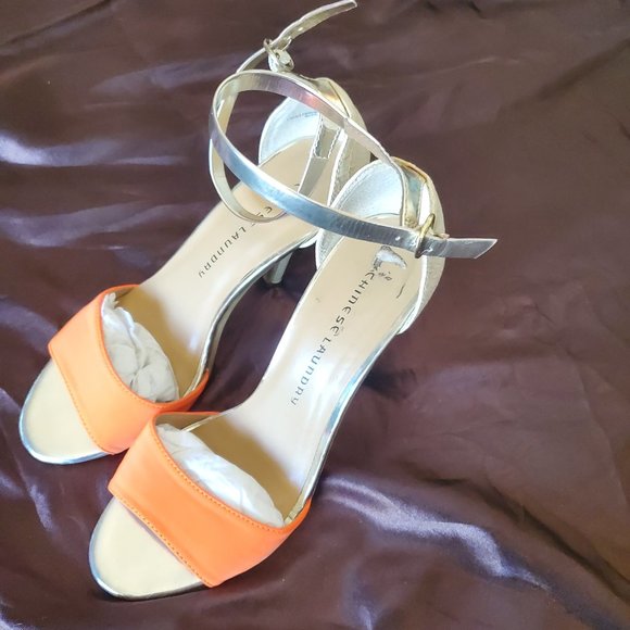 CHINESE LAUNDRY OPEN TOED HEELS CREAM, GOLD AND ORANGE WITH ALLIGATOR PATTERN - Picture 4 of 11